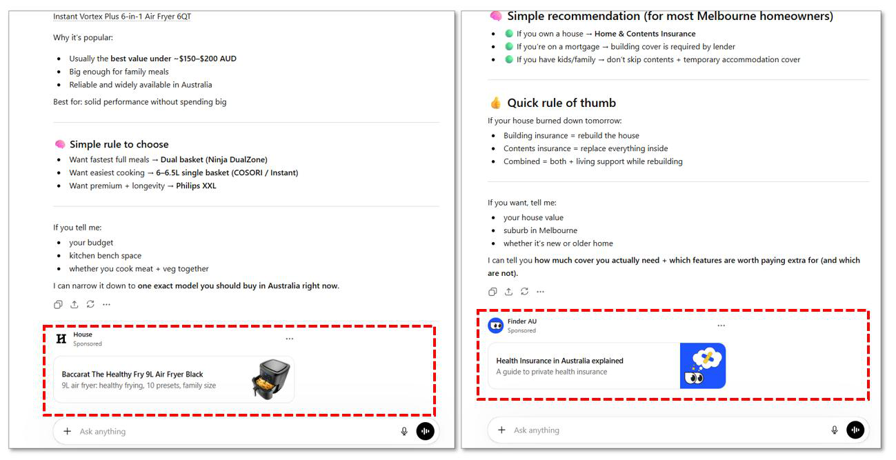 Two examples of ChatGPT sponsored ad placements, appearing at the end of a chat response