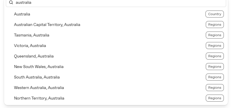ChatGPT ads location targeting options, showing only country and state/region level choices for Australia